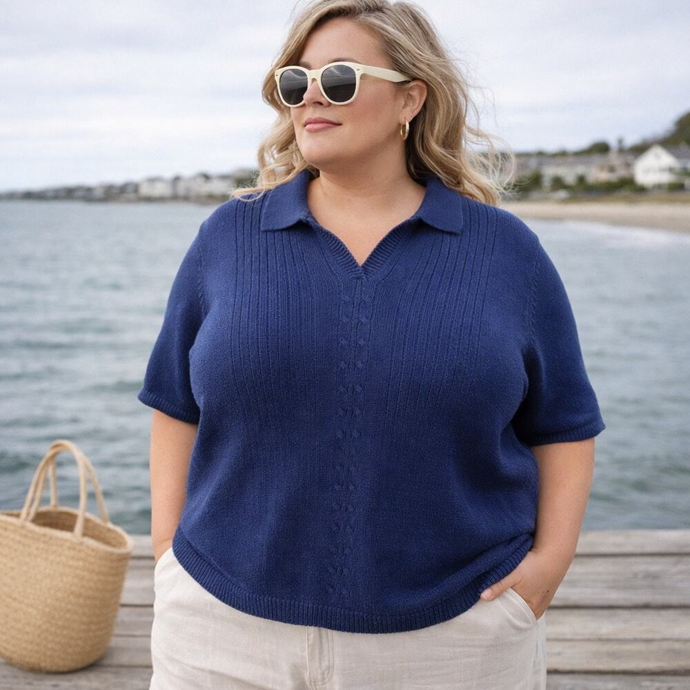 Y2K Stitches in Time Polo Sweater Sz 2X Preppy Coastal Grandma Cable Knit